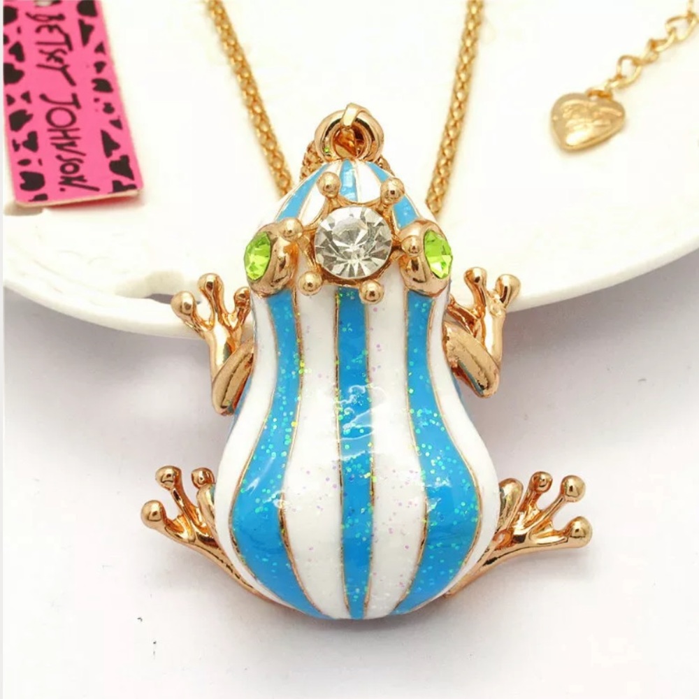 Fairytale Prince Crown Frog Pendant Necklace Blue